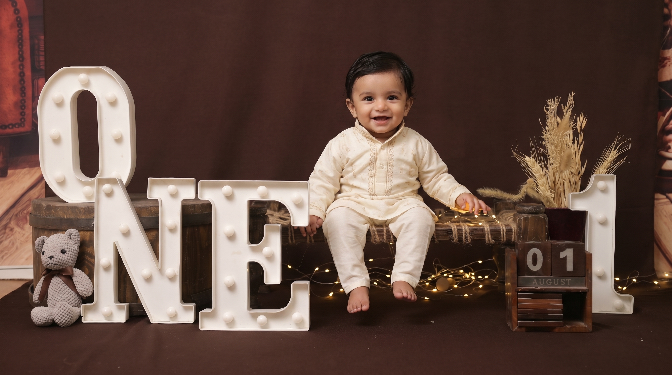 Rustic Brown Pre Birthday baby photoshoot theme preview at IBS Baby Photoshoot Pune